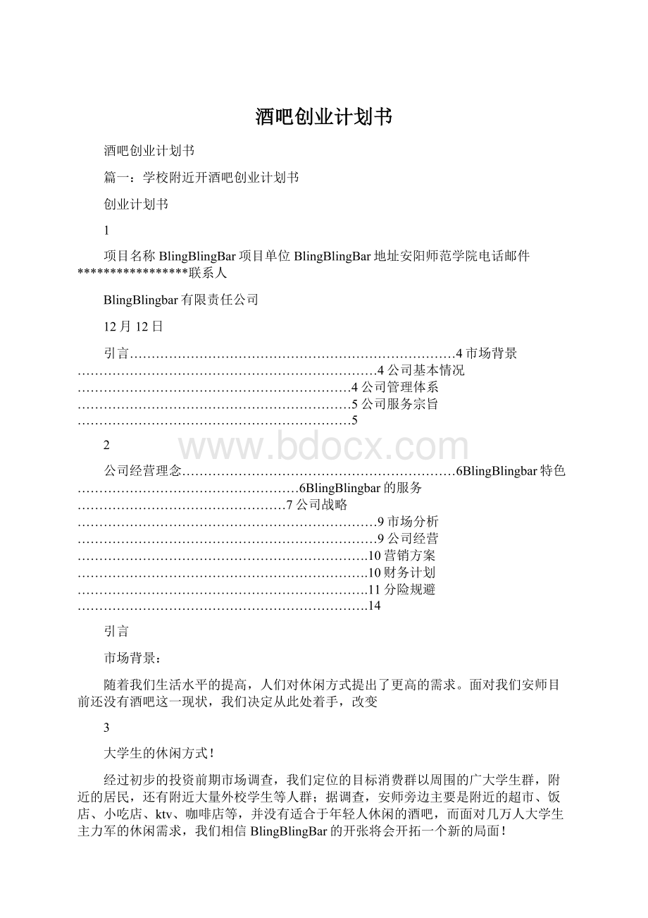 酒吧创业计划书文档格式.docx