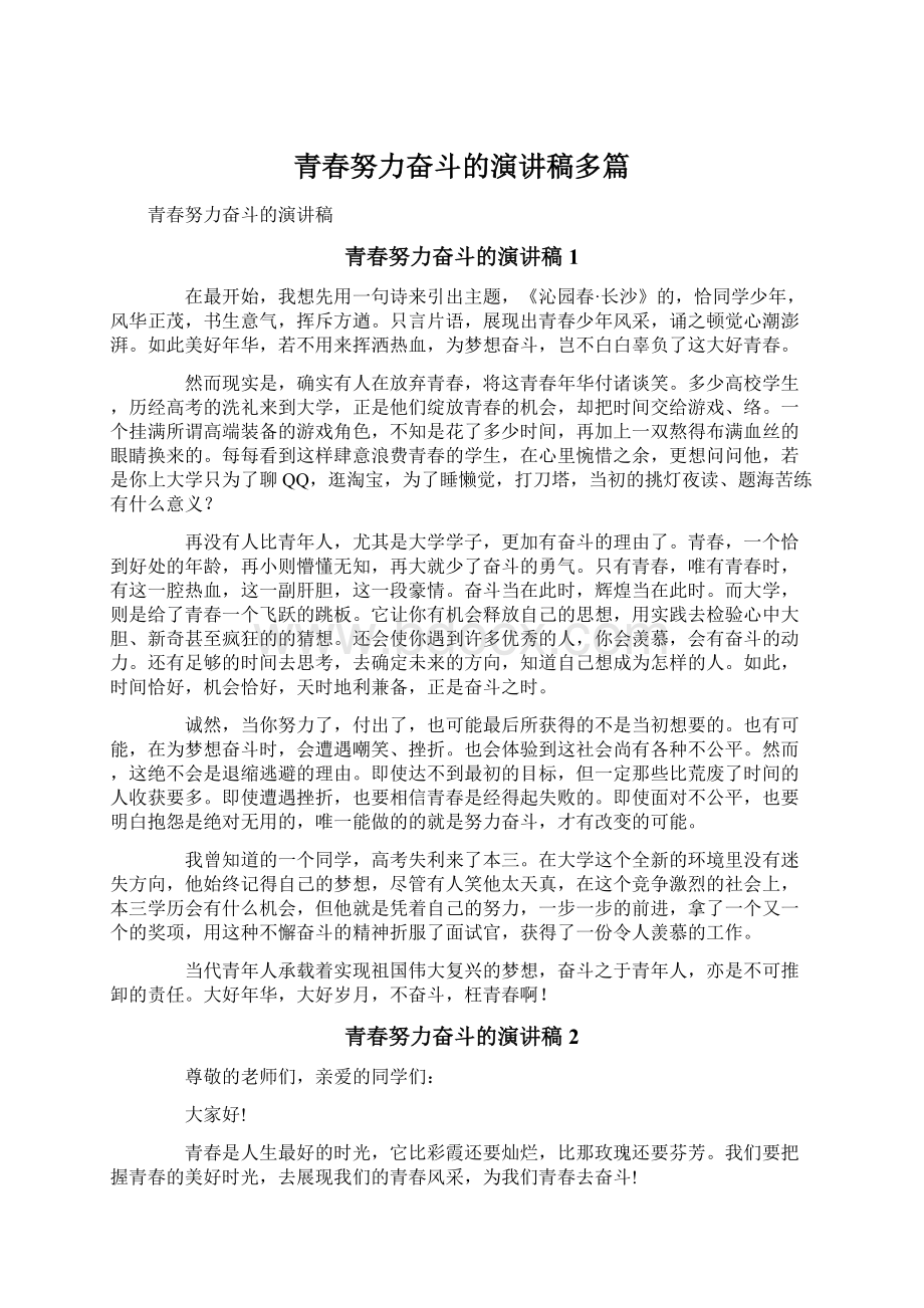 青春努力奋斗的演讲稿多篇Word格式文档下载.docx_第1页