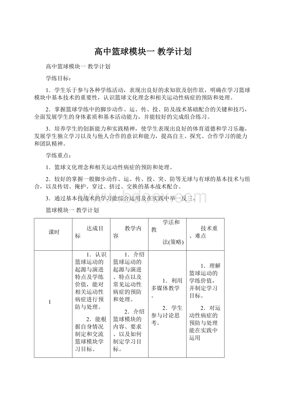 高中篮球模块一 教学计划Word文档格式.docx_第1页