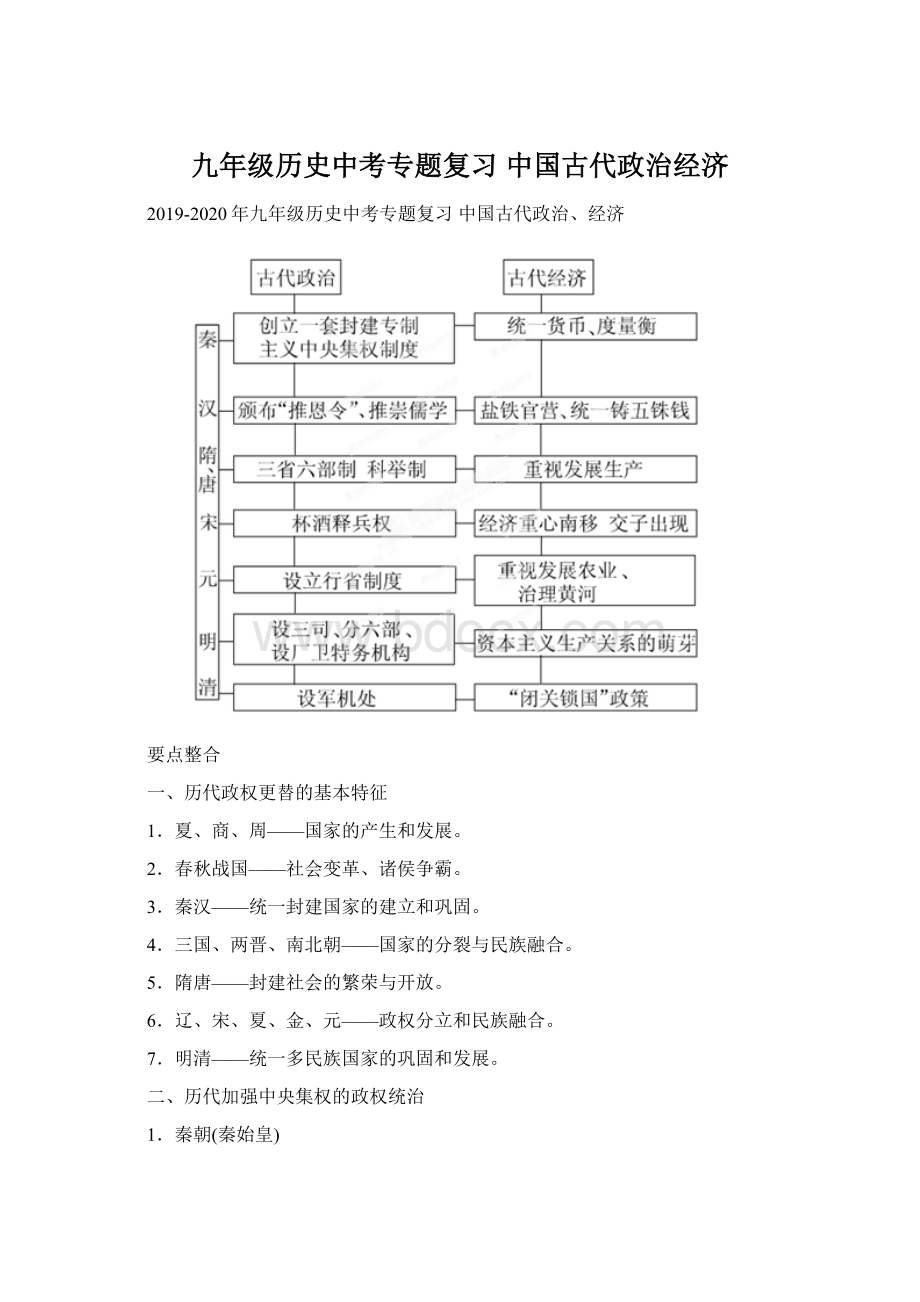 九年级历史中考专题复习 中国古代政治经济.docx