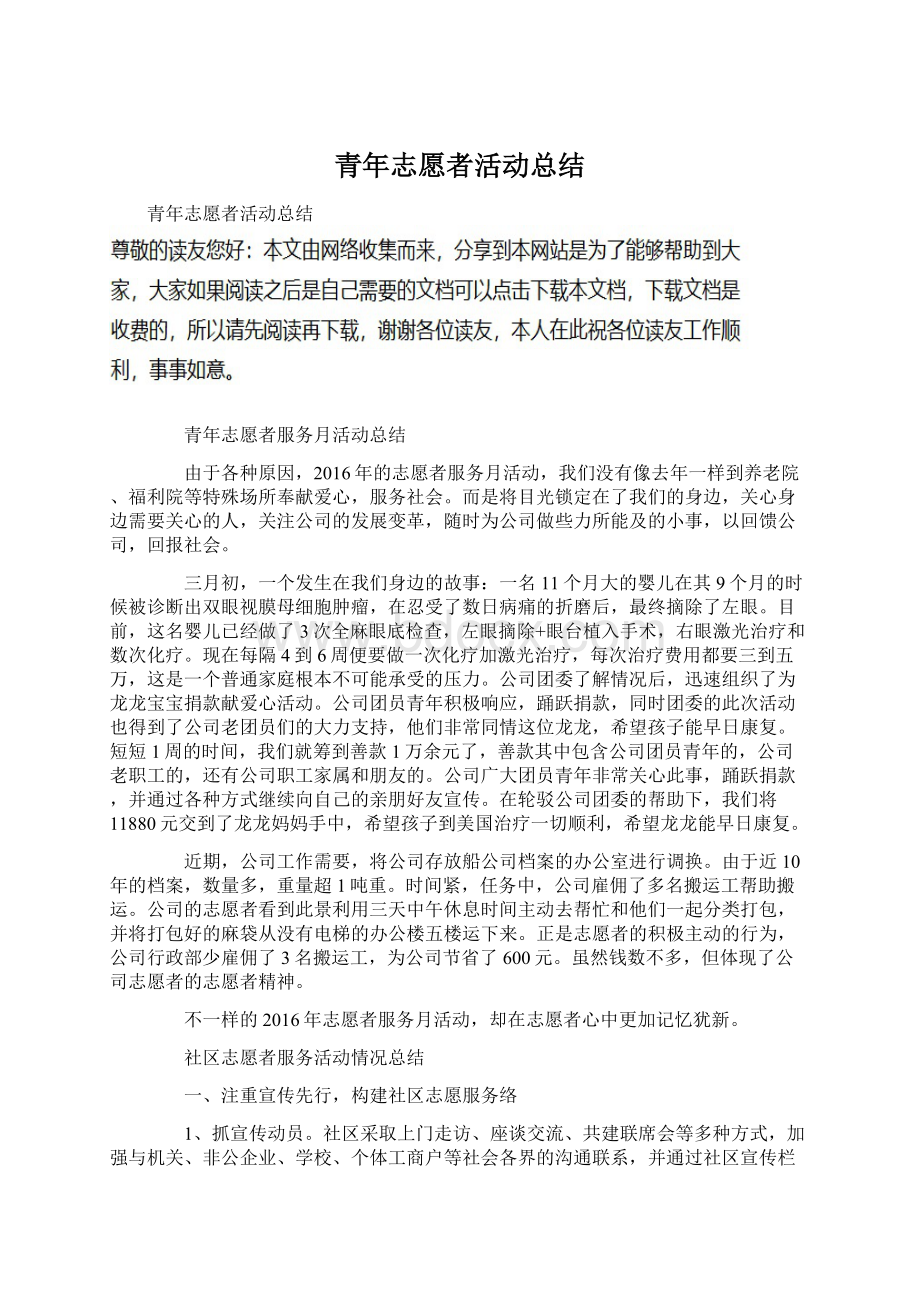 青年志愿者活动总结Word文档下载推荐.docx