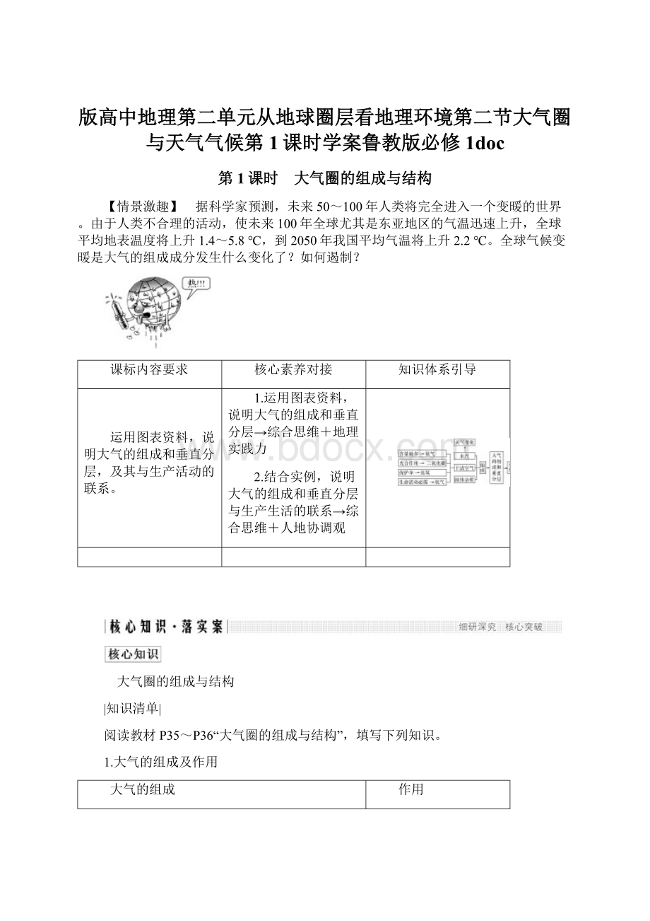 版高中地理第二单元从地球圈层看地理环境第二节大气圈与天气气候第1课时学案鲁教版必修1doc.docx_第1页