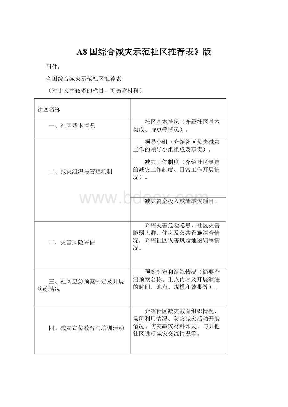 A8国综合减灾示范社区推荐表》版.docx_第1页