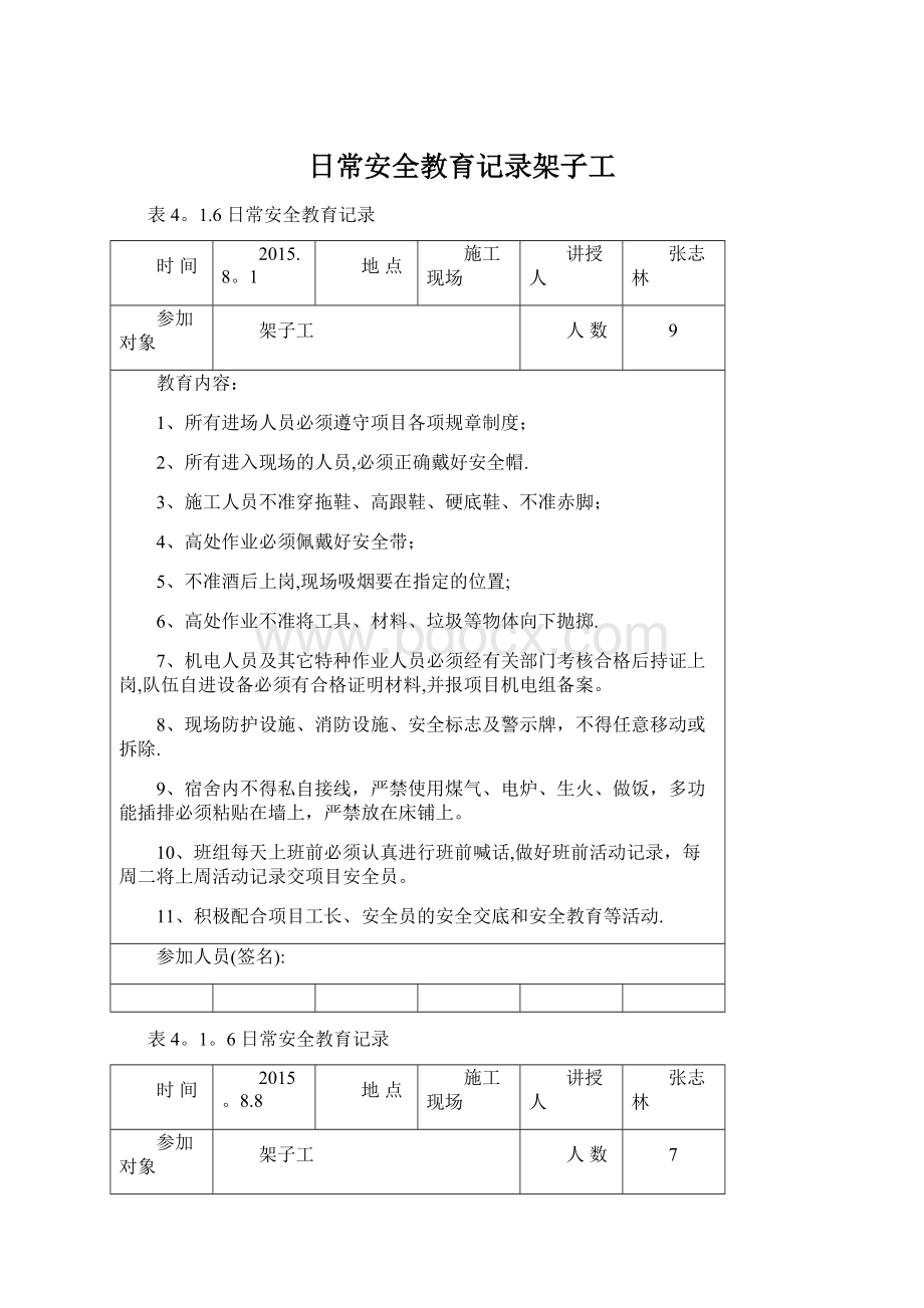 日常安全教育记录架子工.docx_第1页