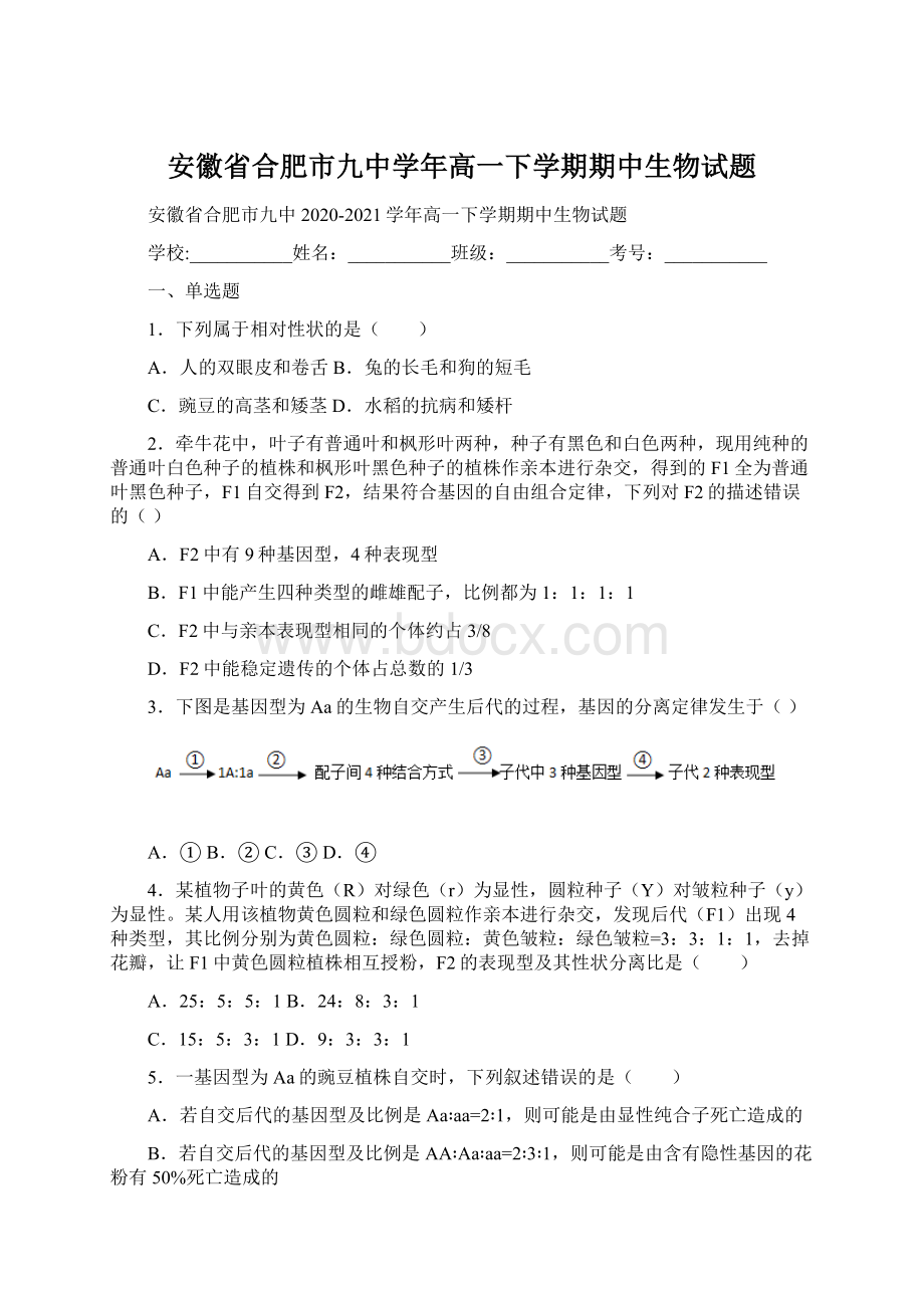 安徽省合肥市九中学年高一下学期期中生物试题.docx_第1页