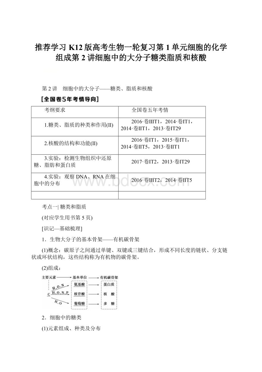 推荐学习K12版高考生物一轮复习第1单元细胞的化学组成第2讲细胞中的大分子糖类脂质和核酸.docx_第1页