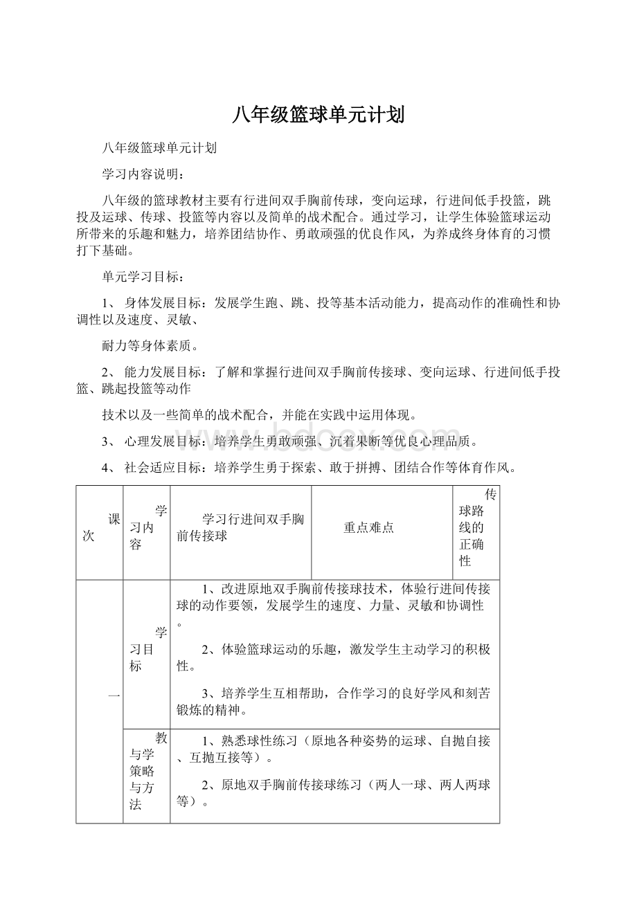 八年级篮球单元计划Word下载.docx