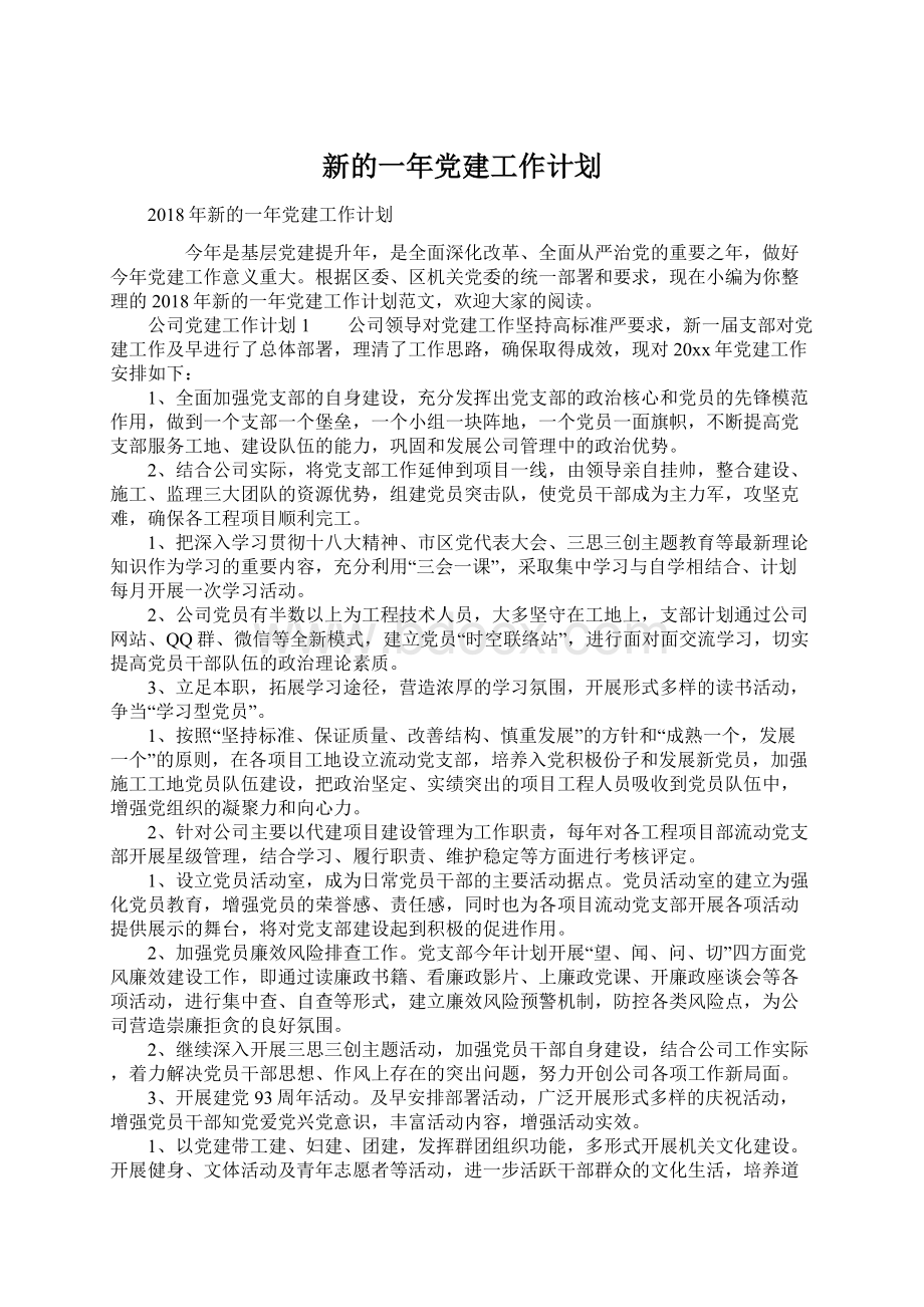 新的一年党建工作计划Word下载.docx