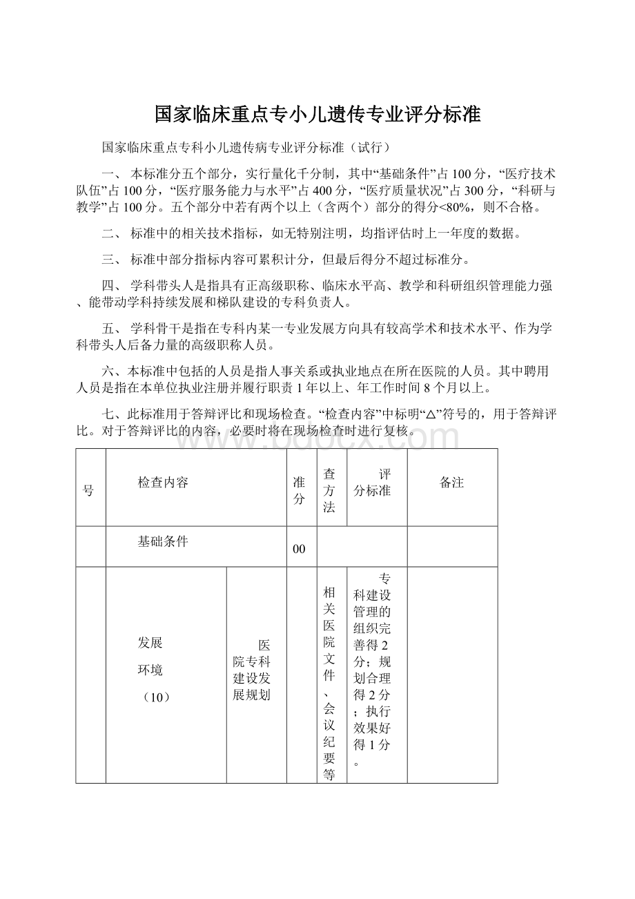 国家临床重点专小儿遗传专业评分标准.docx