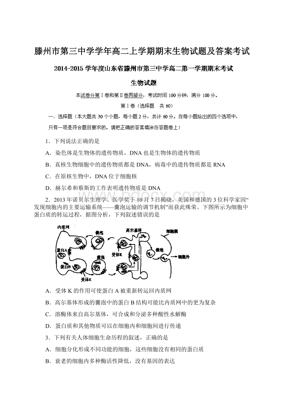 滕州市第三中学学年高二上学期期末生物试题及答案考试.docx