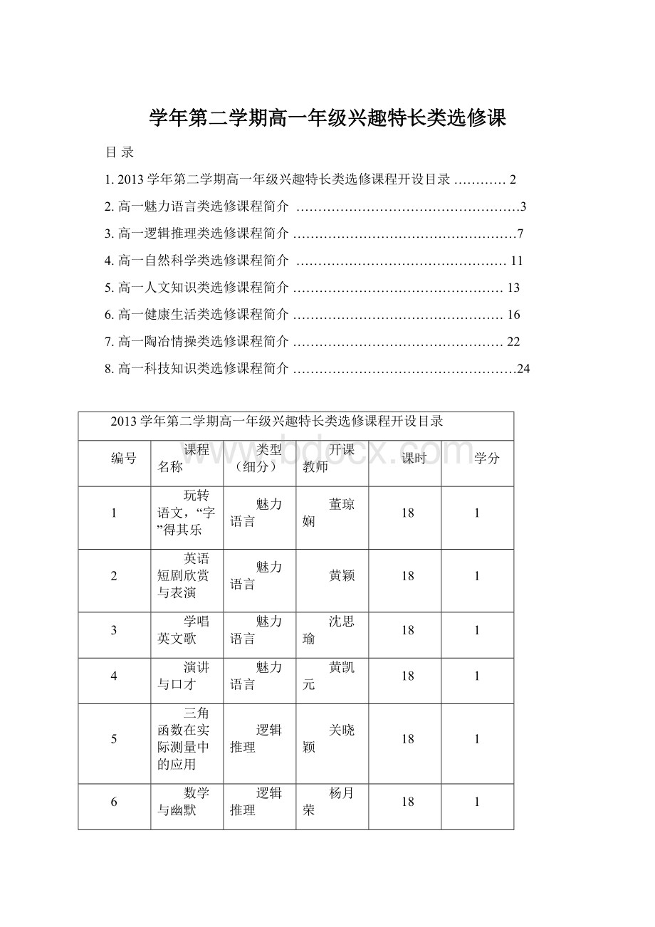 学年第二学期高一年级兴趣特长类选修课.docx