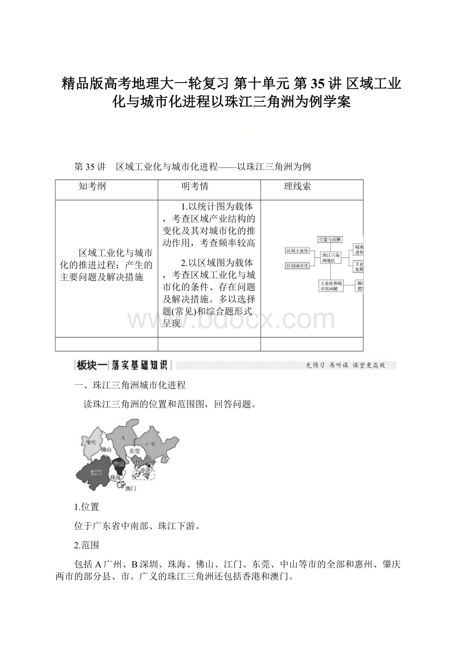 精品版高考地理大一轮复习 第十单元 第35讲 区域工业化与城市化进程以珠江三角洲为例学案Word格式.docx_第1页