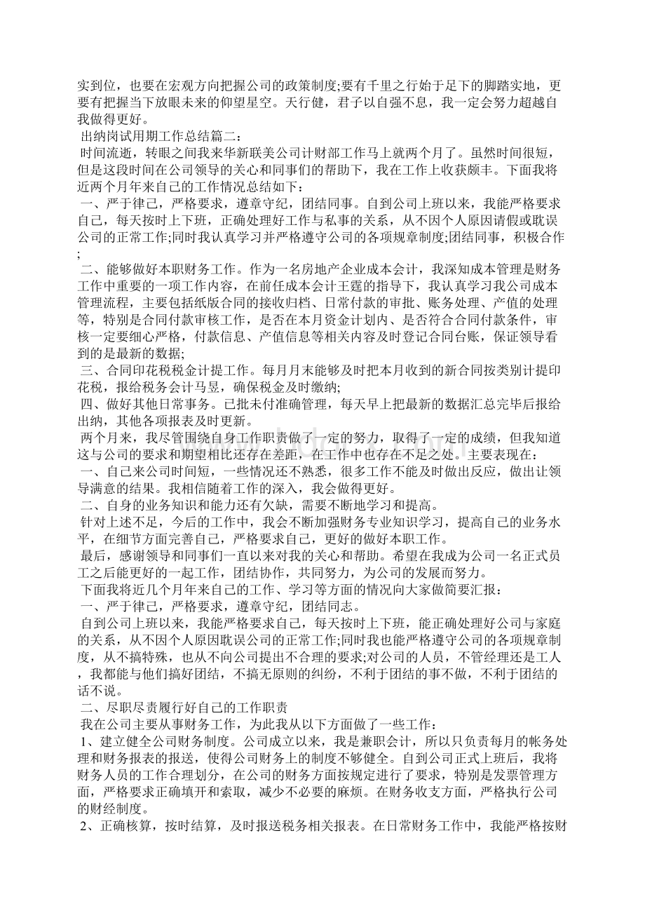 出纳岗试用期工作总结3篇文档格式.docx_第2页