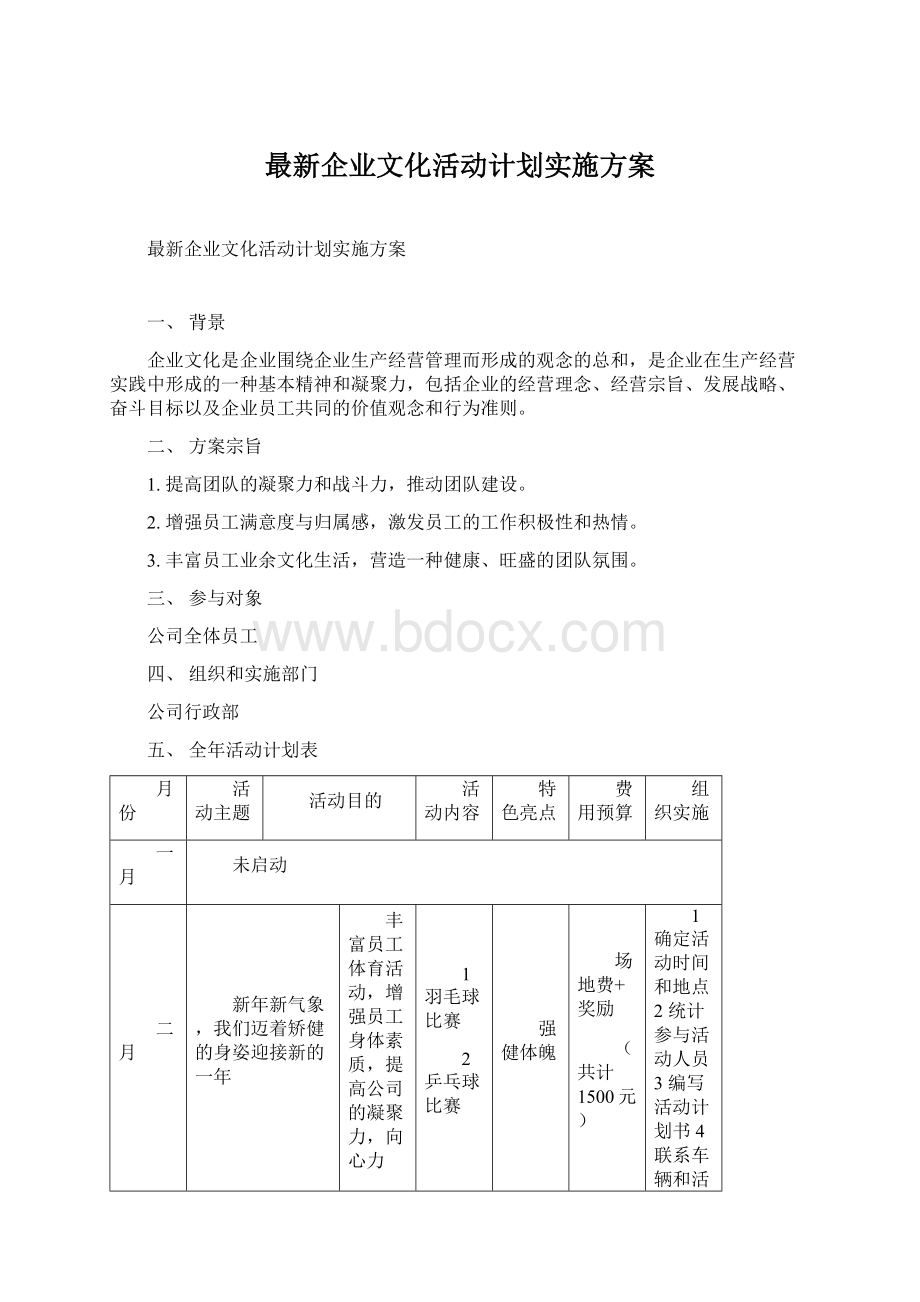 最新企业文化活动计划实施方案.docx_第1页