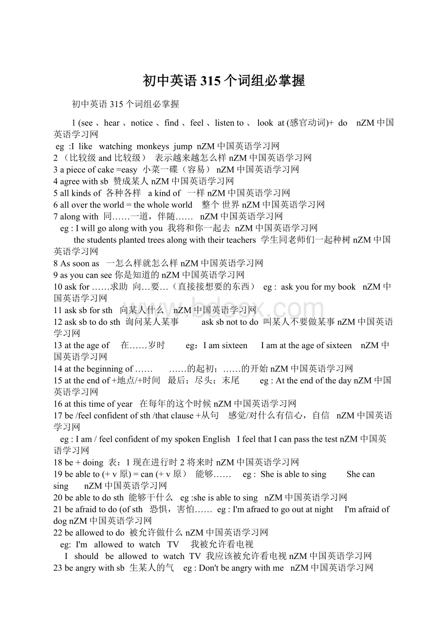 初中英语315个词组必掌握Word文档格式.docx