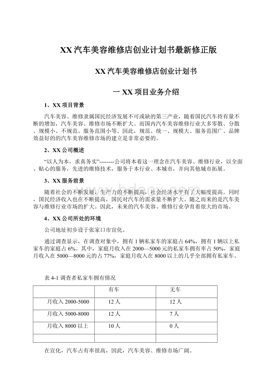 XX汽车美容维修店创业计划书最新修正版.docx