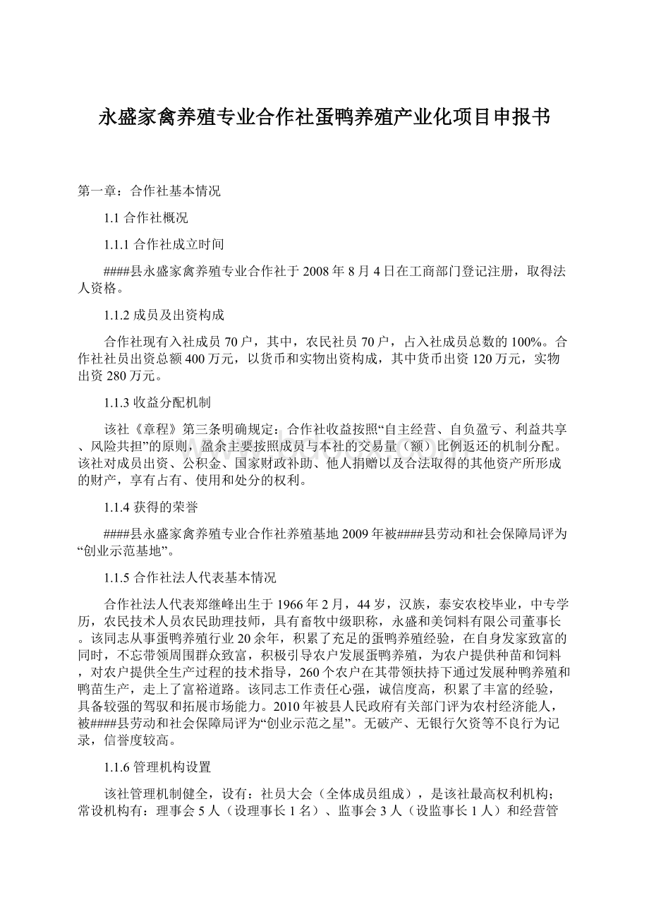 永盛家禽养殖专业合作社蛋鸭养殖产业化项目申报书Word文档格式.docx