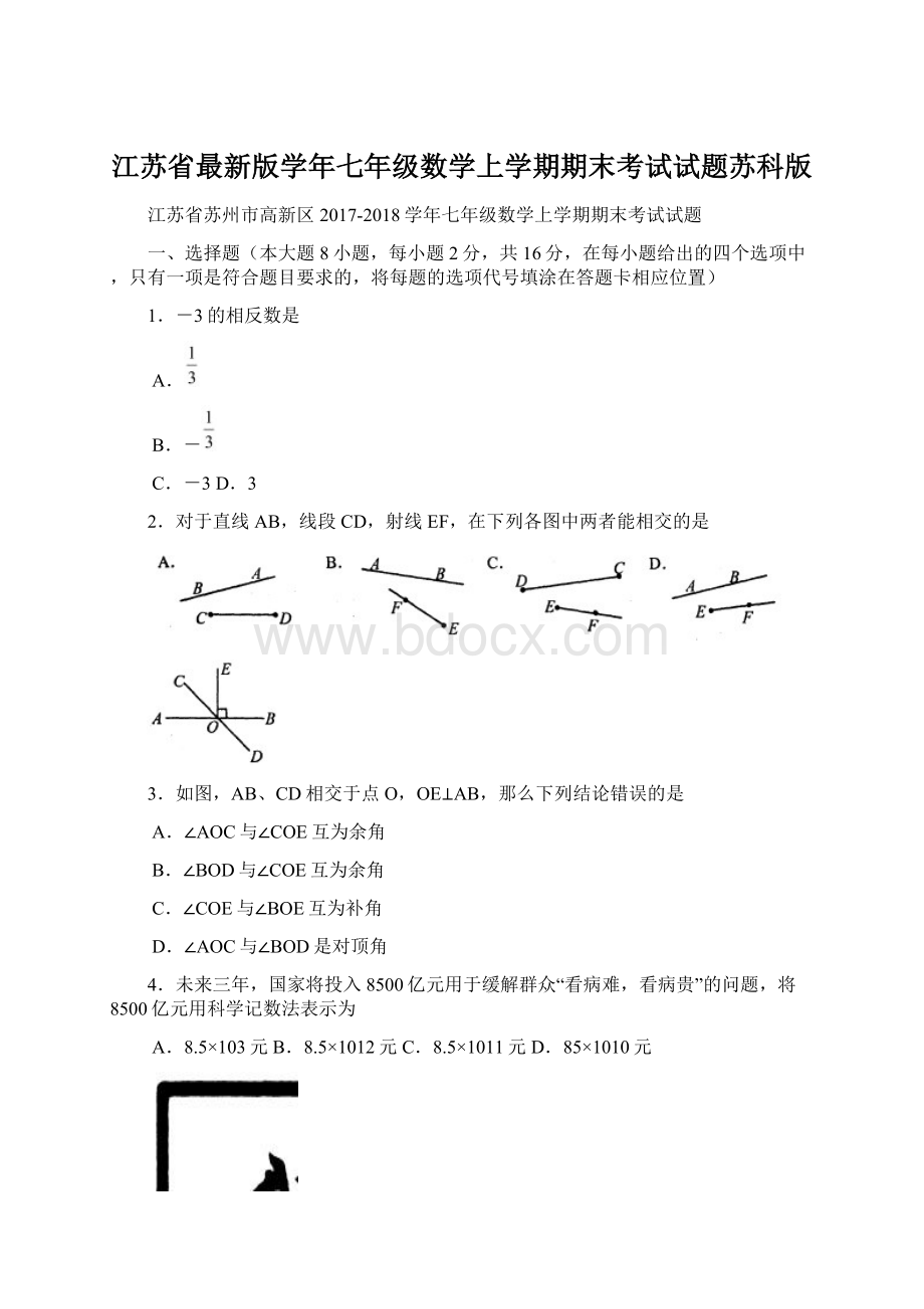 江苏省最新版学年七年级数学上学期期末考试试题苏科版.docx