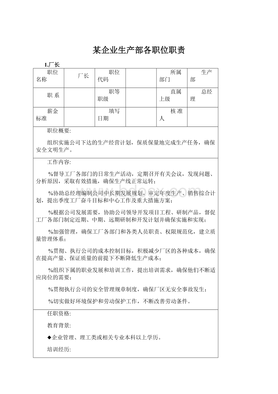 某企业生产部各职位职责.docx_第1页