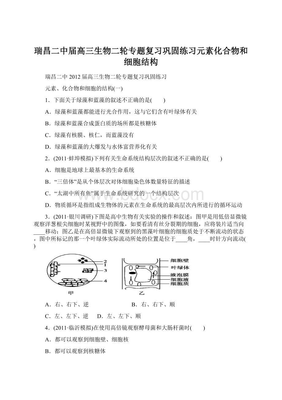 瑞昌二中届高三生物二轮专题复习巩固练习元素化合物和细胞结构Word格式文档下载.docx