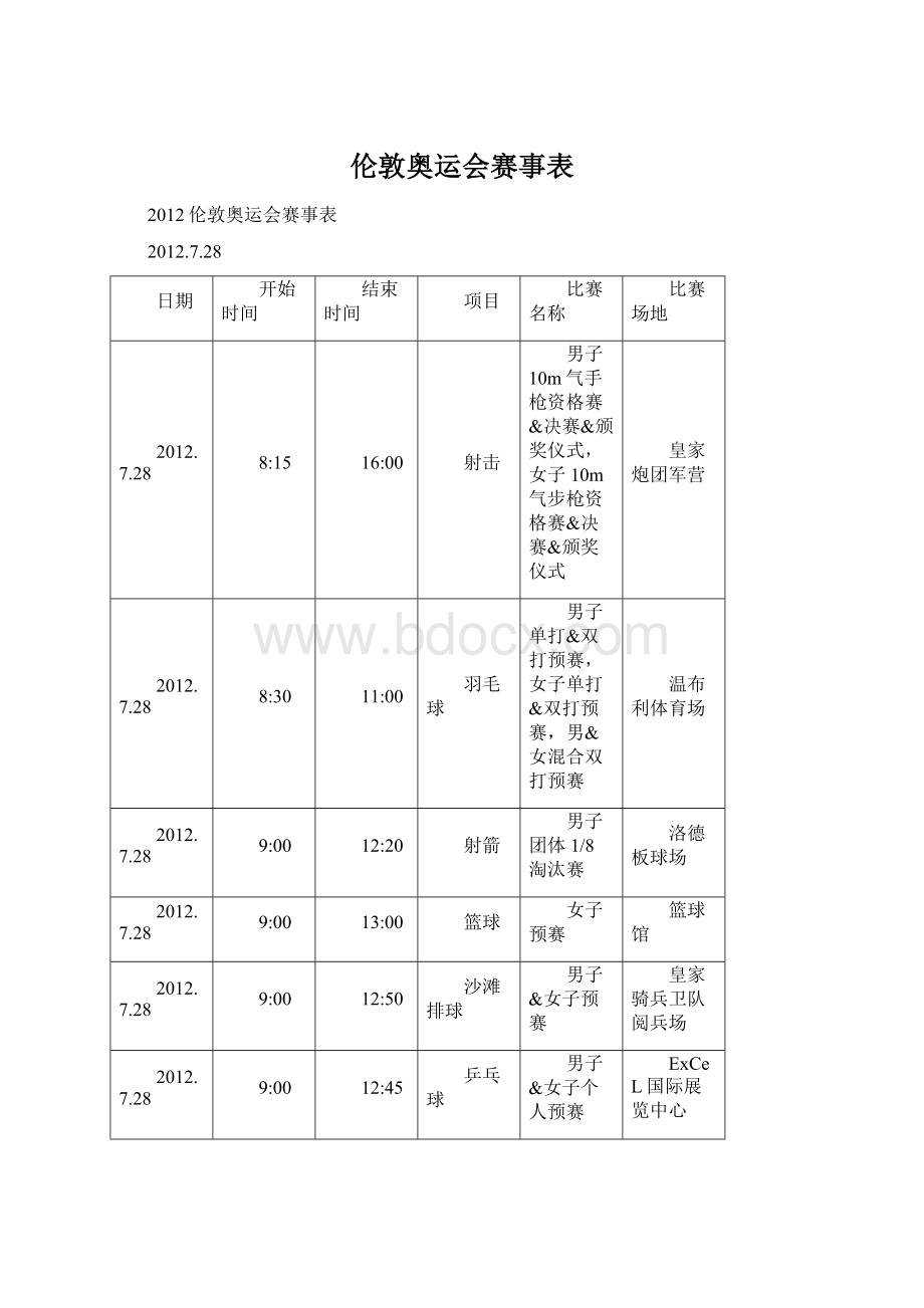 伦敦奥运会赛事表Word文档下载推荐.docx