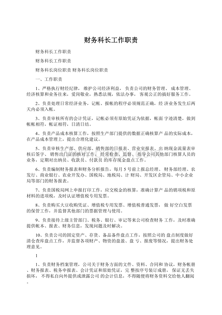 财务科长工作职责文档格式.docx