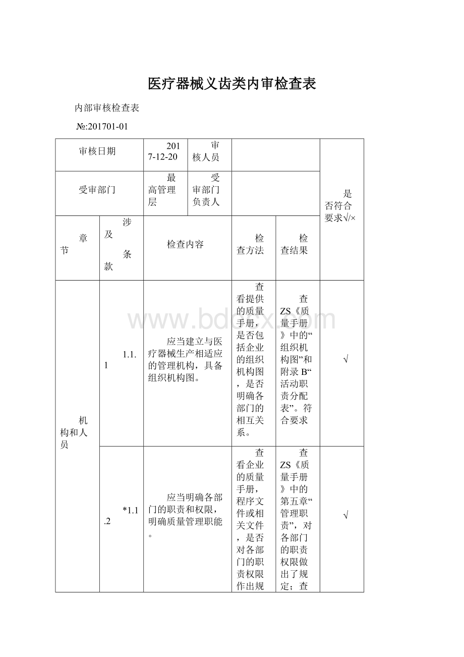 医疗器械义齿类内审检查表Word格式文档下载.docx