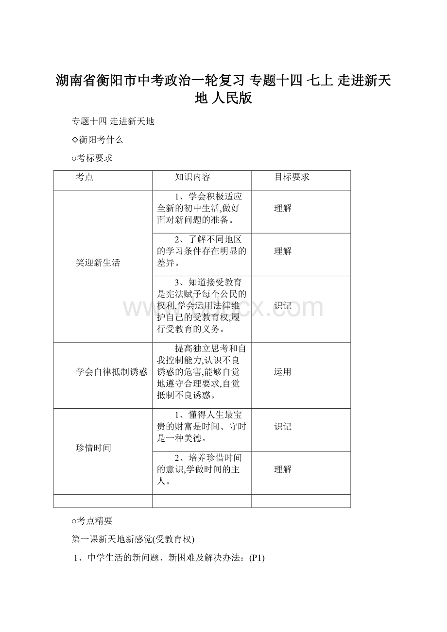 湖南省衡阳市中考政治一轮复习 专题十四 七上 走进新天地 人民版Word文件下载.docx_第1页