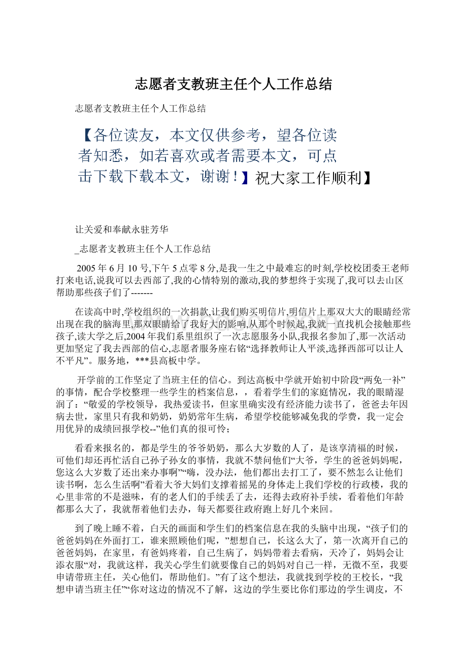 志愿者支教班主任个人工作总结.docx