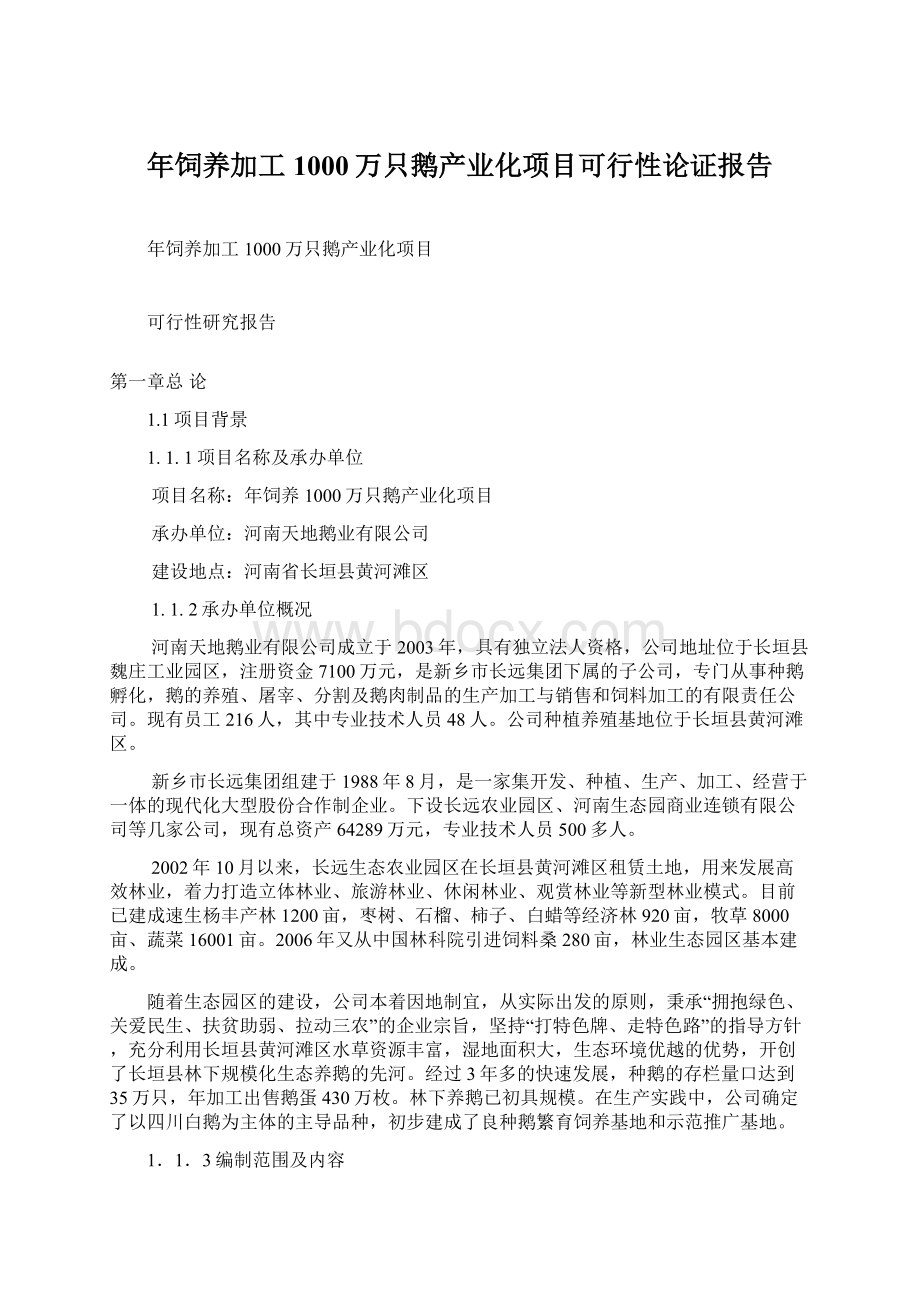 年饲养加工1000万只鹅产业化项目可行性论证报告Word格式文档下载.docx