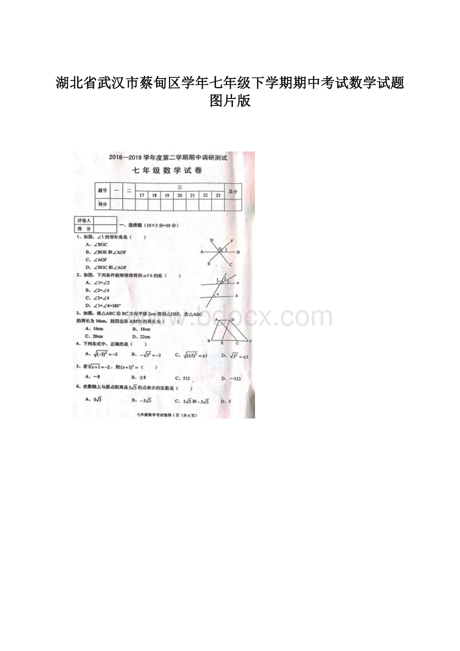 湖北省武汉市蔡甸区学年七年级下学期期中考试数学试题图片版.docx_第1页