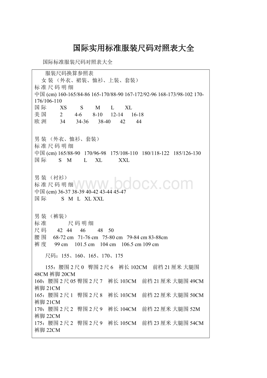 国际实用标准服装尺码对照表大全.docx_第1页