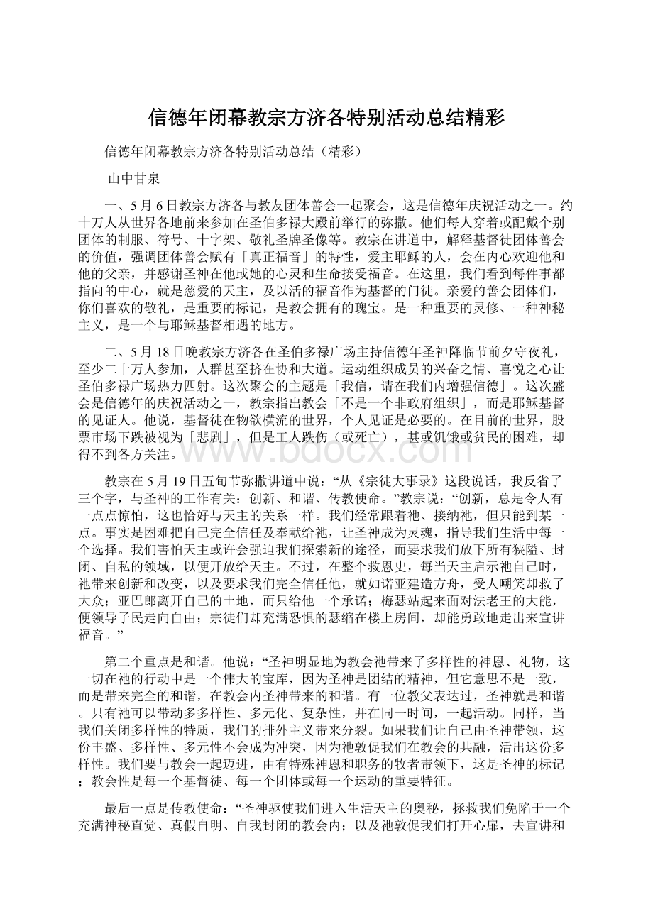 信德年闭幕教宗方济各特别活动总结精彩Word文件下载.docx