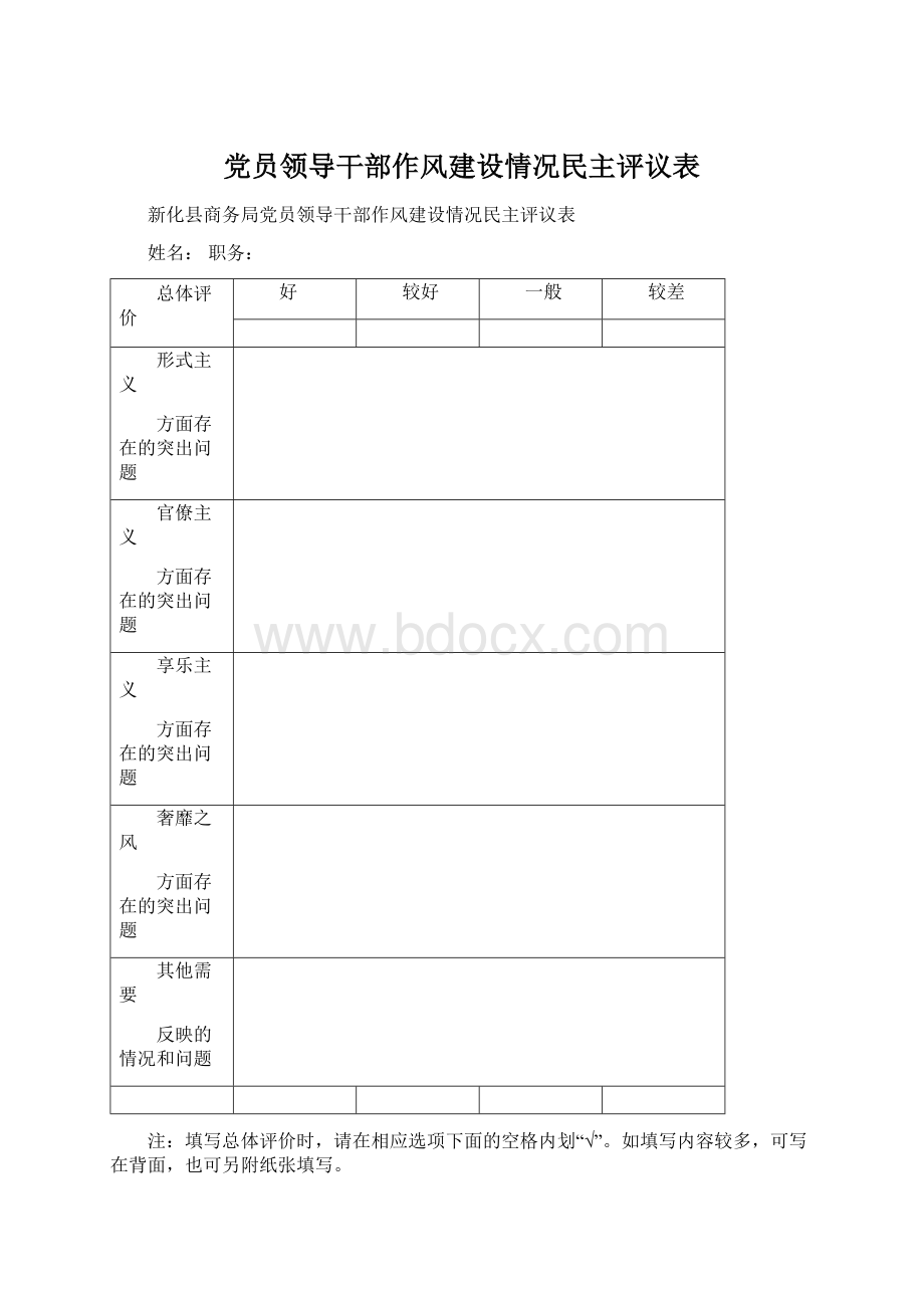 党员领导干部作风建设情况民主评议表.docx_第1页