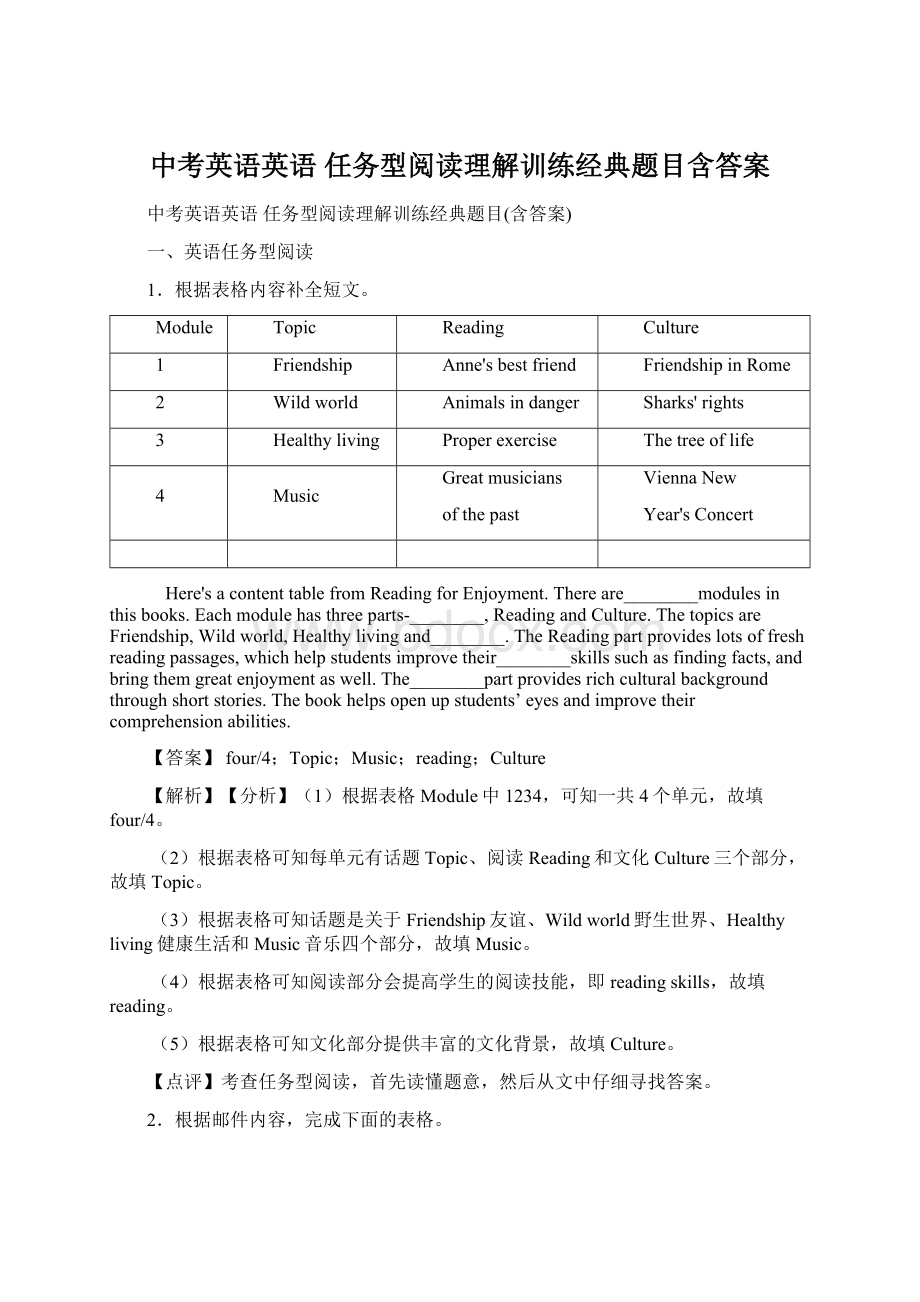 中考英语英语 任务型阅读理解训练经典题目含答案Word文档下载推荐.docx