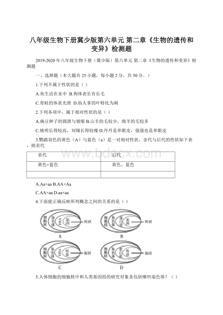 八年级生物下册冀少版第六单元 第二章《生物的遗传和变异》检测题.docx_第1页