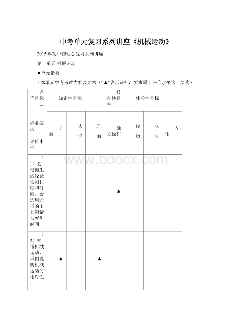 中考单元复习系列讲座《机械运动》文档格式.docx_第1页