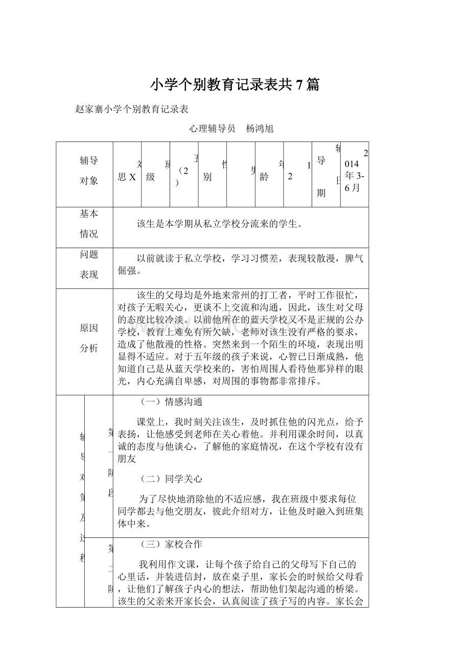 小学个别教育记录表共7篇.docx