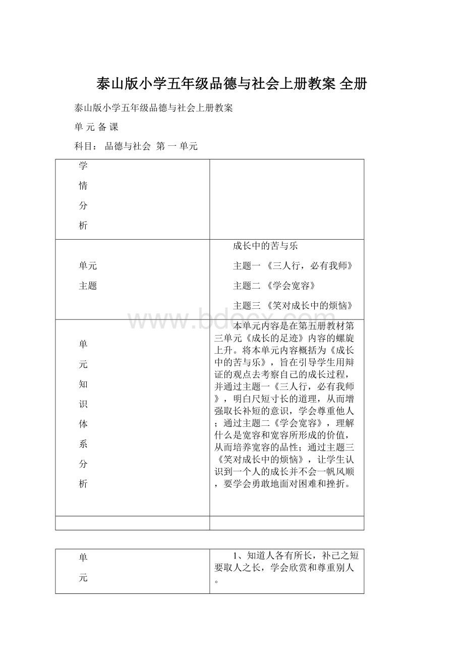 泰山版小学五年级品德与社会上册教案 全册.docx_第1页