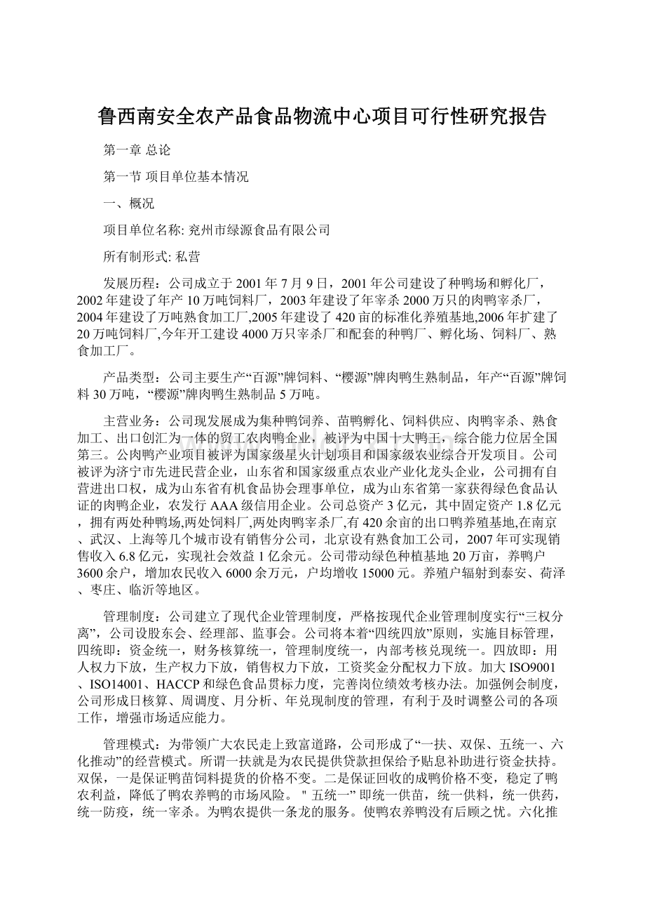 鲁西南安全农产品食品物流中心项目可行性研究报告.docx