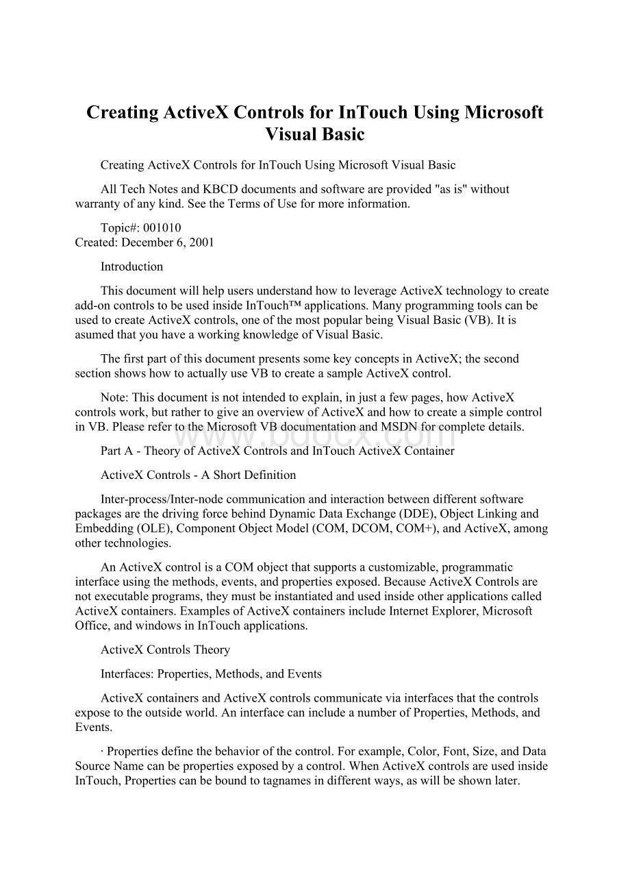 Creating ActiveX Controls for InTouch Using Microsoft Visual BasicWord文件下载.docx