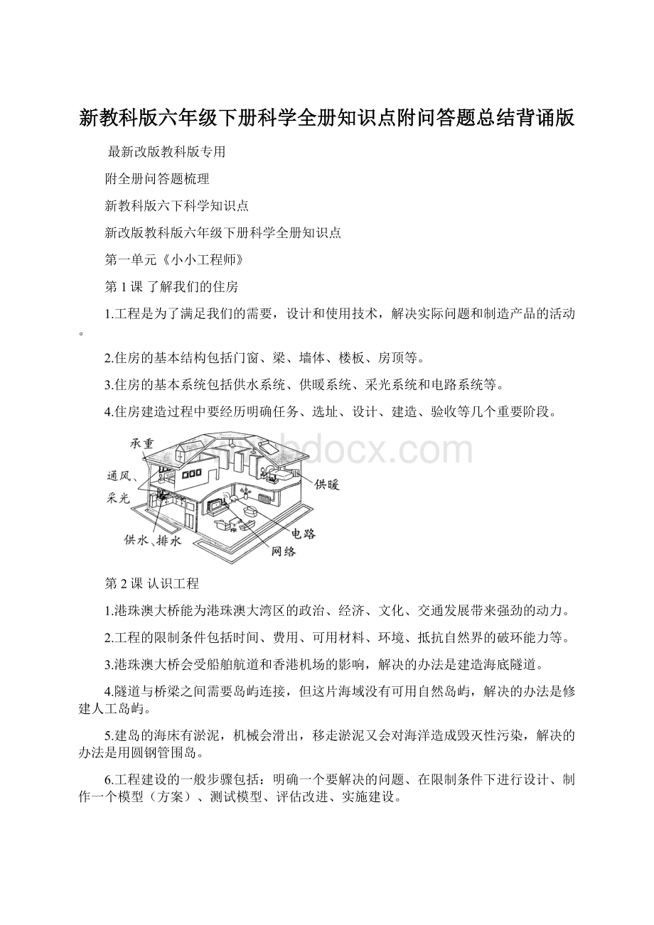 新教科版六年级下册科学全册知识点附问答题总结背诵版Word格式.docx