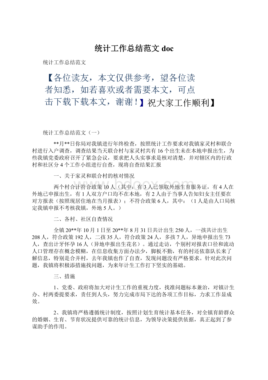 统计工作总结范文docWord格式.docx