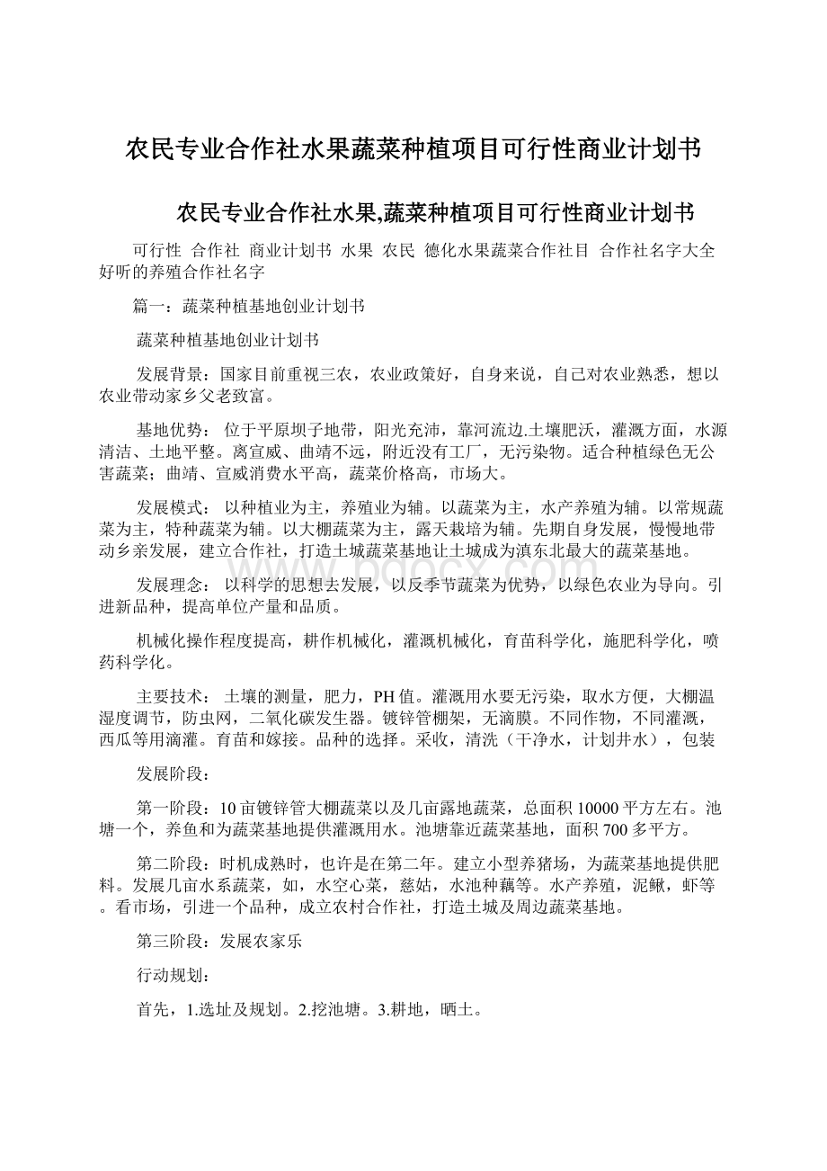 农民专业合作社水果蔬菜种植项目可行性商业计划书.docx