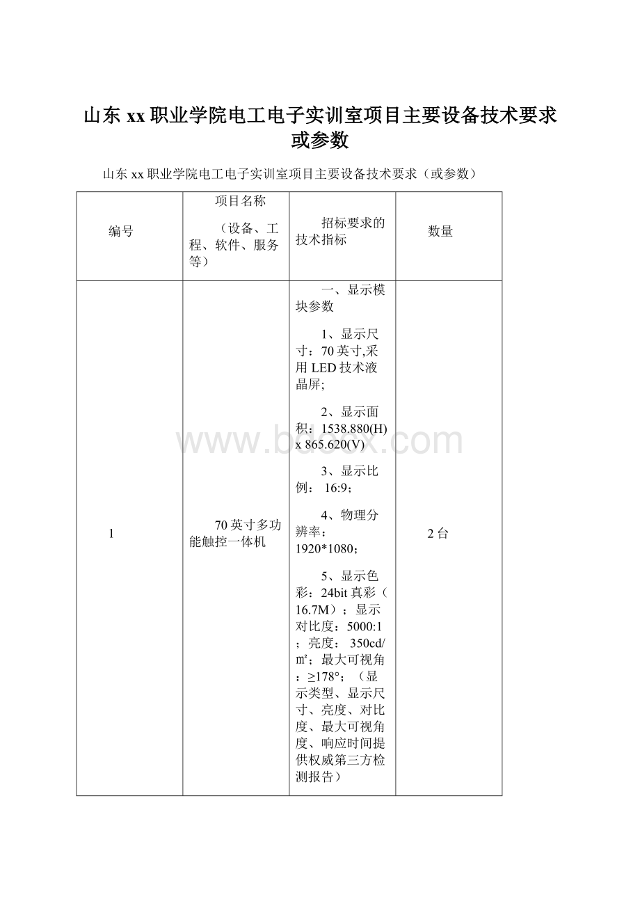 山东xx职业学院电工电子实训室项目主要设备技术要求或参数Word格式文档下载.docx