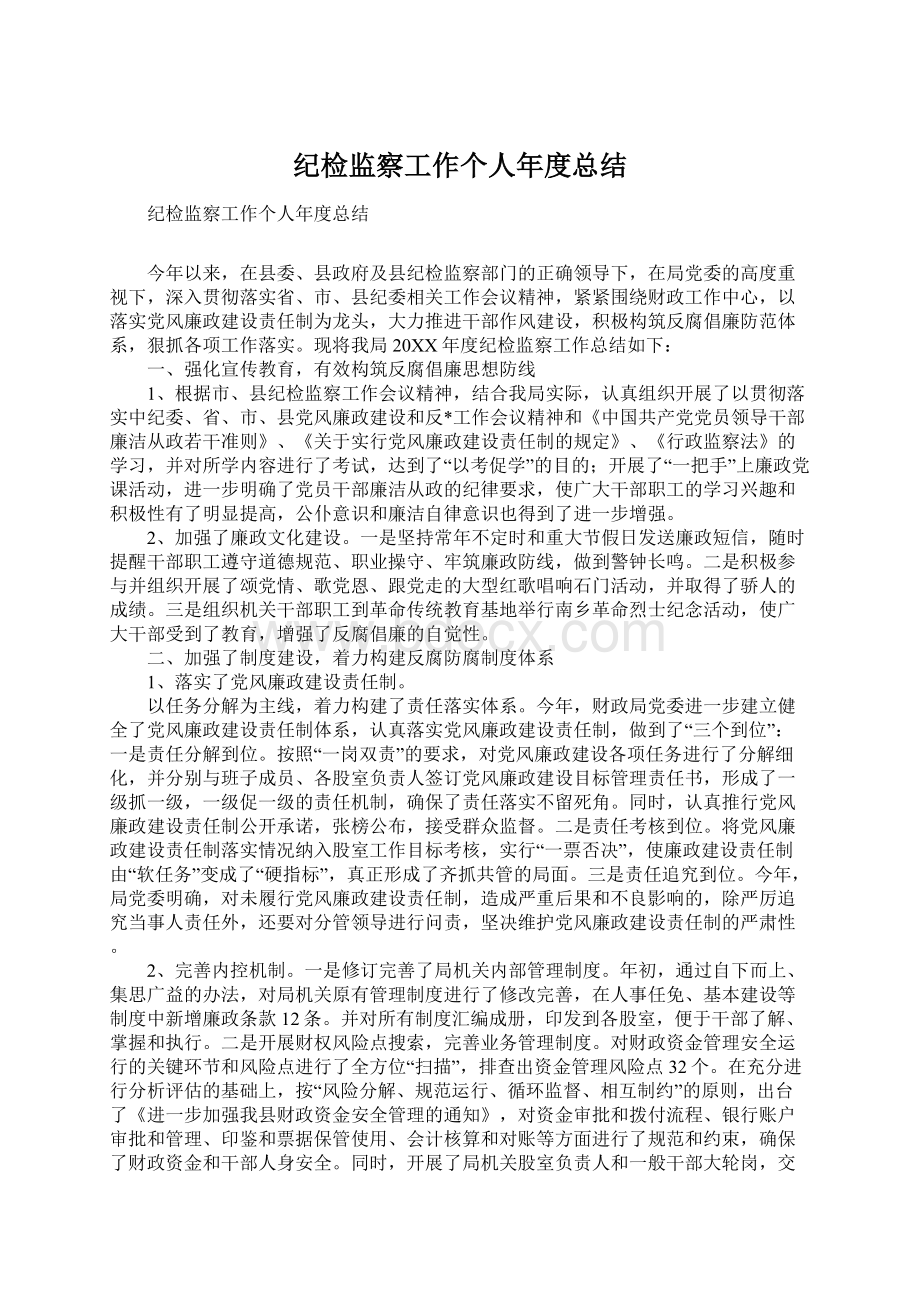 纪检监察工作个人年度总结Word文档格式.docx