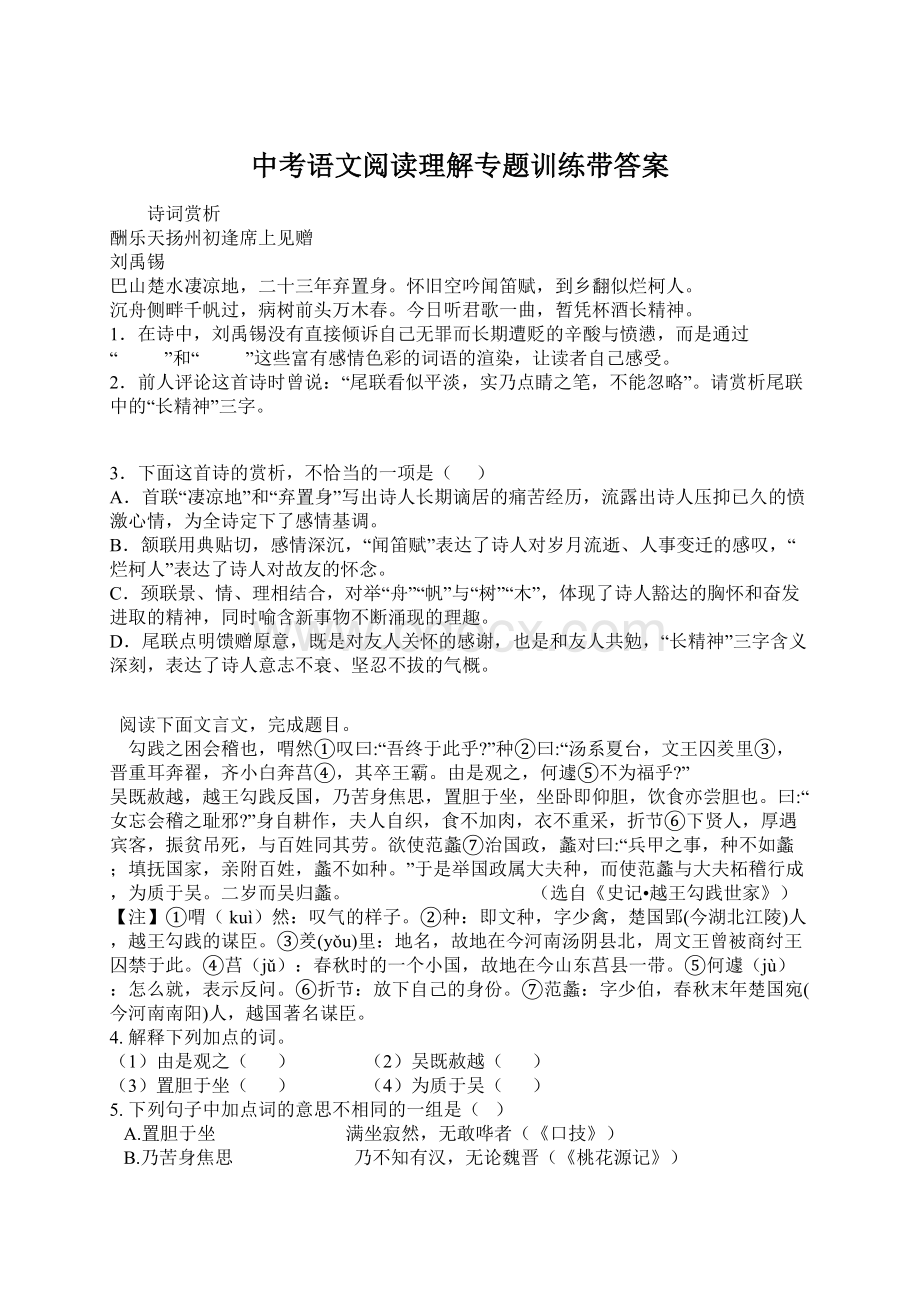 中考语文阅读理解专题训练带答案.docx