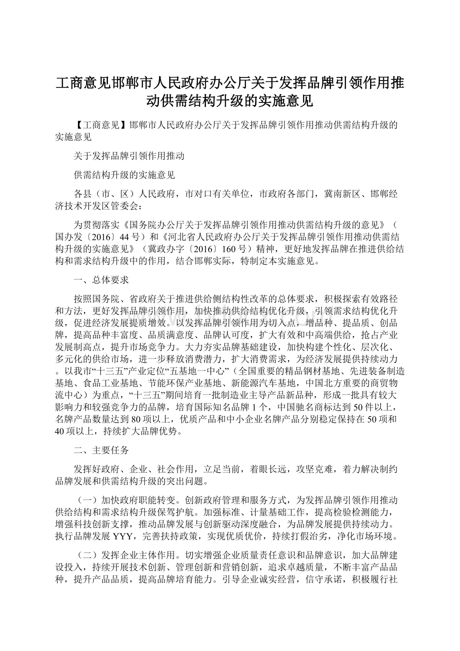 工商意见邯郸市人民政府办公厅关于发挥品牌引领作用推动供需结构升级的实施意见Word文件下载.docx_第1页