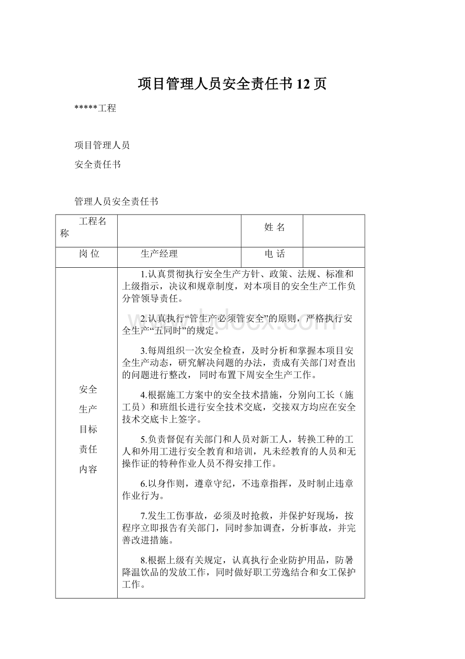 项目管理人员安全责任书12页Word文档下载推荐.docx