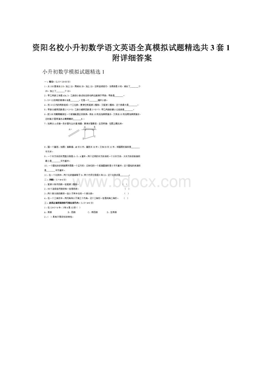 资阳名校小升初数学语文英语全真模拟试题精选共3套1附详细答案.docx_第1页